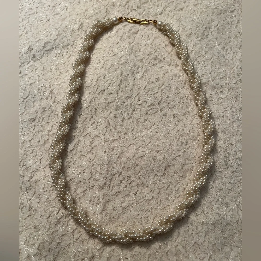 Napier/vintage faux pearl twisted 3 strand necklace, 22” long